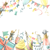 verjaardag sjabloon kaart met roze Champagne, ballonnen, geschenken, confetti, vlaggen. waterverf illustratie, hand- getrokken. kader voor tekst png