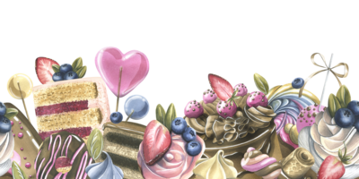 Cakes with brownies, donuts, marshmallows, lollipops, strawberries and blueberries. Watercolor illustration hand drawn. Seamless border png