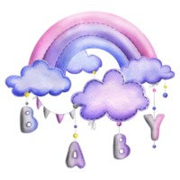 A stitched rainbow with clouds and letters BABY, garland flags, dots hanging from ropes in blue, purple and pink. Cute hand drawn watercolor illustration. Isolated composition png