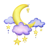 A cute stitched yellow moon with hanging stars, dots, clouds. Watercolor illustration, hand drawn. Isolated composition png