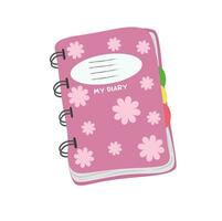 Cute notebook vector. Hand drawn diary or notebook vector illlustration in simple doodle style. Notebook with flowers on pink cover.