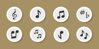 Music notation sticker vector set. Music notes icon flat vector set isolated on black and white background. Song, melody or tune vector illustration. Music note icon for musical apps and websites.