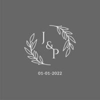 Initial letter JP monogram wedding logo with creative leaves decoration vector