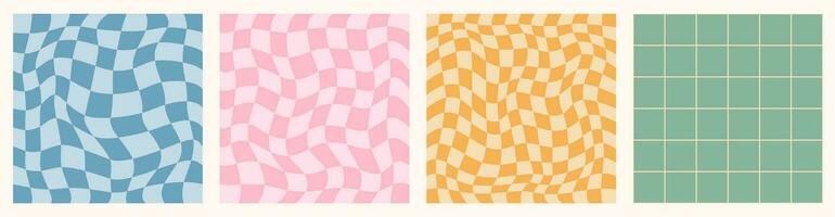 Psychedelic checkerboard. Retro set 60s 70s vector seamless patterns, groovy hippie style background