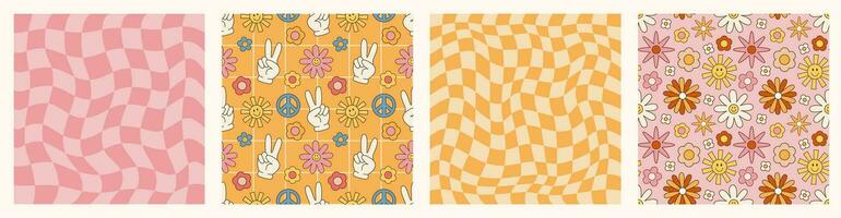 Retro psychedelic set 60s 70s vector seamless patterns, groovy hippie style background. Cartoon print with flowers, set in hippie style. Psychedelic checkerboard