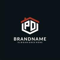 Initial letter PD logo with home roof hexagon shape design ideas vector