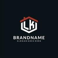 Initial letter LK logo with home roof hexagon shape design ideas vector