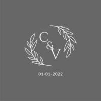 Initial letter CV monogram wedding logo with creative leaves decoration vector
