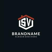 Initial letter SV logo with home roof hexagon shape design ideas vector
