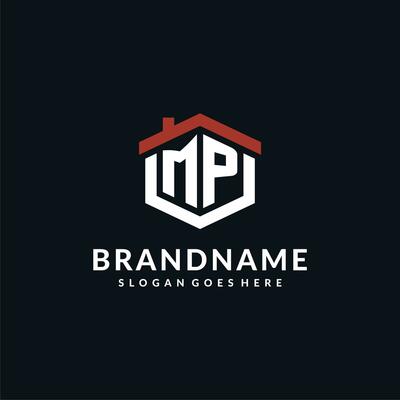 Initial letter MP logo with home roof hexagon shape design ideas