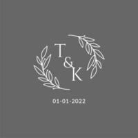 Initial letter TK monogram wedding logo with creative leaves decoration vector