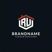 Initial letter RU logo with home roof hexagon shape design ideas vector