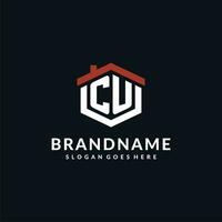 Initial letter CU logo with home roof hexagon shape design ideas vector