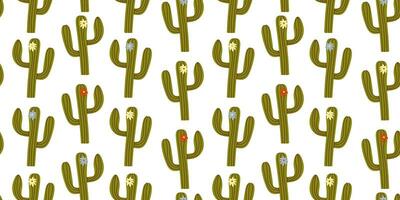 sin costura modelo con mano dibujado verde cactus en blanco antecedentes en plano dibujos animados estilo. salvaje Oeste concepto. para fondo, embalaje, textil vector