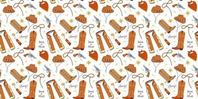 Seamless pattern with hand drawn colorful cowboy clothes on white background in flat cartoon style. Boots, bandana, hat, lasso, gun, chaps. Wild west concept. For background, packaging, textile vector