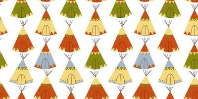 Seamless pattern with hand drawn colorful wigwams on white background in flat cartoon style. Wild west concept. For background, packaging, textile vector