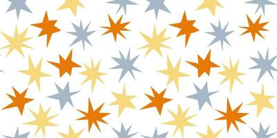 Seamless pattern with colorful hand drawn abstract stars on white background in flat cartoon style. For background, packaging, textile vector