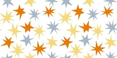 Seamless pattern with colorful hand drawn abstract stars on white background in flat cartoon style. For background, packaging, textile vector