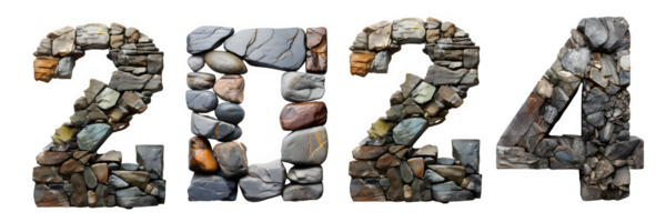 number 2024 with stone arrangement texture isolated on transparent background ,generative ai png