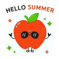 Red Apple character. Hello summer card. Vector hand drawn cartoon kawaii character illustration icon. Isolated on white background Red Apple fruit character concept