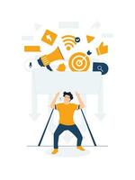 Man holding huge heavy burden overwhelmed from multitasking, work overload too many tasks, busy overworked, Frustrated, appointment, tired, exhausted concept illustration vector