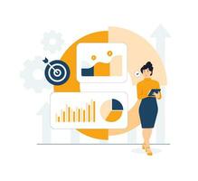 Businesswoman analyst working on laptop analyzing chart growth, dashboard and business finance report, Site stats, Big data, Statistics, monitoring on investments concept illustration vector