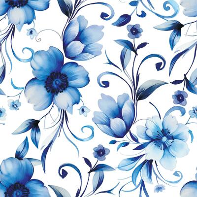 watercolor drawing, seamless pattern of blue flowers. ornament for porcelain, vintage print