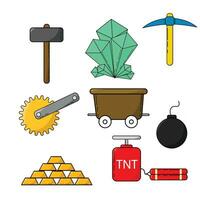 Mining icon set. Cartoon mine entrance, and tools for mining and quarrying. vector