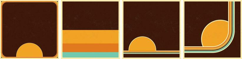 Retro Poster Artwork Set. Colorful lines with sunset on grunge textured background. 70s color palette aesthetic. Minimalist Design. Trendy Social Media Design. Textured. Vector Illustration. EPS 10.