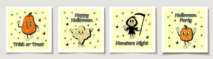 Set of Halloween cards with Set of four halloween 30s cartoon mascot character 40s, 50s, 60s old animation style. Greeting cards with Magic items. vector