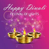 happy diwali gold diya lamps light rectangle social media post template circle purple frame background vector