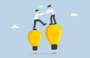 Transferring knowledge or experience to new employee or junior in workplace, mentorship concept, Senior businessman pulling junior up to bigger idea lightbulb. vector