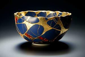 Kintsugi bowl with cracks, tablware, ceramics. Japanese technique of tableware restoration. Beauty of imperfection. Gold lines. Wabi Sabi philosophy. Generative AI. photo