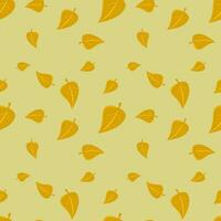 Seamless pattern background of falling brown leaves and Acorn on a yellow background.  Concept of fall leaves in autumn season. vector