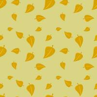 Seamless pattern background of falling brown leaves and Acorn on a yellow background.  Concept of fall leaves in autumn season. vector