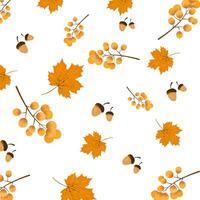 Seamless pattern background of falling brown leaves and Acorn on a yellow background.  Concept of fall leaves in autumn season. vector