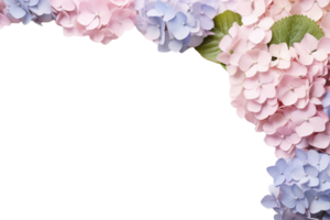 ai generiert Banner Hintergrund Blau und Rosa Hortensie Blumen transparent Hintergrund Kopieren Raum geeignet zum Gruß Karte Einladung Dekoration png