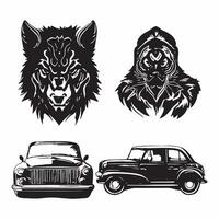 Silhouette Car animals hunting vintage Vector set.