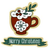 A postcard with a cozy Christmas mug with cocoa, cream and berries with a branch, a cartoon Christmas vector illustration. A postcard for the holiday in retro style. Cartoon object