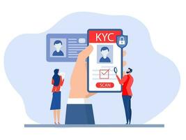 KYC or know your customer with business verifying the identity of its client's concept at the partners-to-be through a magnifying glass  of business identification and  safety. vector