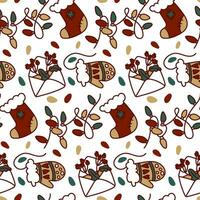 Seamless Christmas pattern with festive elements and a red outline. Cute texture of the winter holiday Christmas, New Year. Printing on textile and paper design in retro style. Packaging, postcards vector