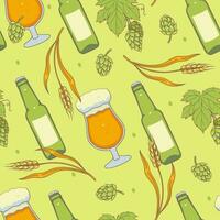 Seamless pattern with beer glasses, bottles, hops and barley. Vector graphics.