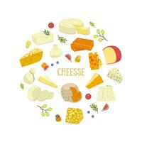 Round composition of different types of cheese isolate on a white background. Vector graphics.