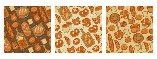 Set of seamless patterns with bread, buns, croissants, baguettes. Vector graphics.