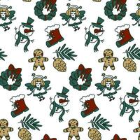 Seamless Christmas pattern with festive elements and green outline. Cheerful texture of the winter holiday Christmas and New Year. Printing on textile and paper design in retro style. Packaging vector