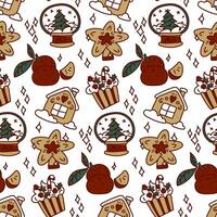 Seamless Christmas pattern with festive elements and a red outline. Happy texture of the winter holiday Christmas, New Year. Printing on textile and paper design in retro style. Packaging, postcards vector