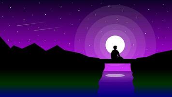 Vector illustration of a man sitting on a bridge looking at the stars and moonlight at night