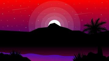 Vector illustration of a mountain with a red and purple sky with moonlight in the background