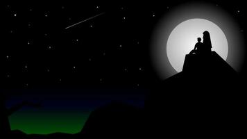 Vector illustration of a couple looking at a shooting star at night with moonlight illuminating it