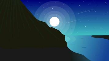 Vector illustration of a night view with mountains and moon in the sky